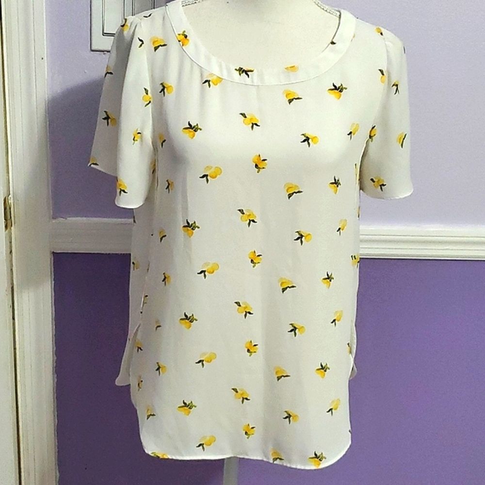 Banana Republic White Lemons Botanical Print Flowy Short Sleeve Top XSP
